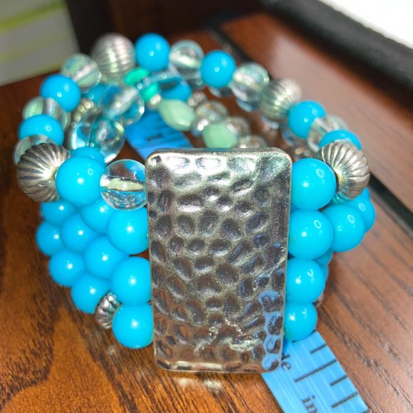 Turquoise Colored, Silver-Tone, Clear Beaded 4-Strand Bracelet! - Picture 2 of 8